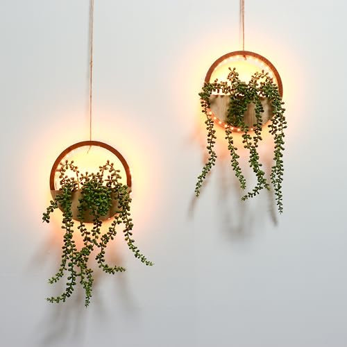 2PCS Artificial Succulents Hanging Plants with LED String Light, Fake Hanging Plant with Pot Faux Plant for Indoors Fake Potted Plant for Home Decor Indoor Outdoor Wall Decor (Wood Color)