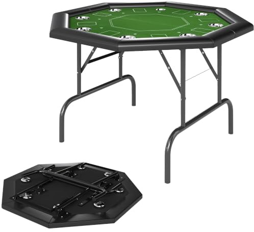 SPORTNOW 8 Player Folding Poker Table Portable with Cup Holders, Green | Octagon Blackjack Table, Padded Edge