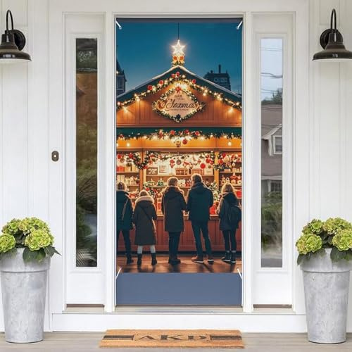 Dekoration Veranda Hängendes Banner Ein lebendiger Weihnachtsmarkt Willkommen Türabdeckung Festliches Banner Wand Hintergrund Banner für Haustür Fenster Garten Veranda 90 × 180 cm