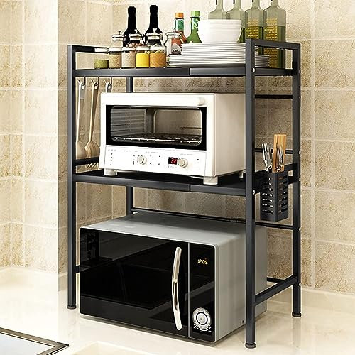 Meuble Micro Ondes Cuisine Rangement, Support Extensible pour Four à Micro-Ondes à Charge Lourde, Support Micro Onde à 2 Niveaux,Support d'étagère de Cuisine, Crochets (noir, 40/64*36.5*78cm)