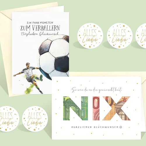 LOViLEE 2x Geburtstagskarten Wunscherfüller Geldgeschenk mit Umschlag und Stickern – Geldgeschenke Geburtstag, Gutscheinkarte, Geburtstagskarte Mann, Jugendweihe Karten – Fußball und NIX