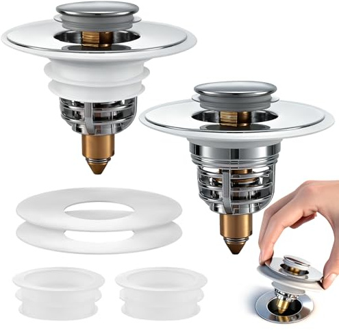 MOPUBZO Tappo Lavandino Bagno 2 Pezzi Universale, Per Il Foro Di Drenaggio Di 32-62 mm, Tappo Bidet Pop Up in Acciaio Inox, Tappi di Scarico per Lavabo, Cucina e Vasca da Bagno, Filtro Anti-Ostruzione