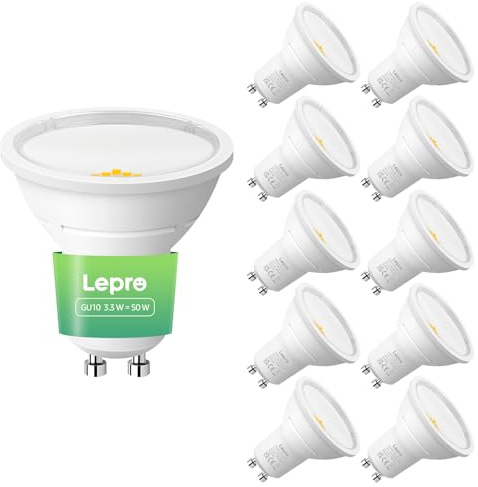 Lepro GU10 LED Bulbs A Rated, Neutral White 4000K,590LM,3.3W,50W Equivalent | 100° Wide Beam Angle, 50000H Long Life, Energy Saving LED Spotlight Bulb for Ceiling, Recessed Lights,Non-Dimmable,Pack of 10