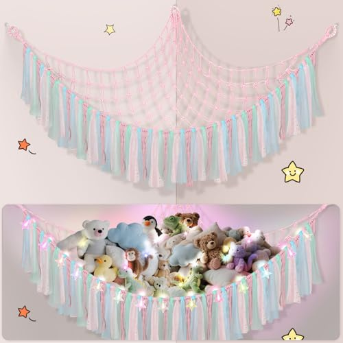 Lunriwis Kuscheltier Aufbewahrung Netz mit LED-Leuchten, Boho Makramee Spielzeug kinderzimmer deko, StofftieStofftier Aufbewahrungstasche Hängematte Aufbewahrung Kuscheltiere Lila