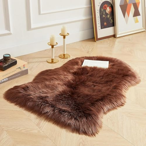 JXLOULAN Faux Lammfell Schaffell Teppich Dunkelbraun 40x60 cm, Flauschiger Fell Teppich Wohnzimmer Deko Longhair Weicher für Stühle Sofa Schlafzimmer Kinderzimmer