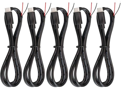 5 Stück 30cm USB Typ C Pigtail Kabel, 22AWG USB Typ-C Stecker 2 Core Pigtail Kabel,3A 5V USB-C Stecker auf 2Pin Blankes Kabel USB Verlängerungskabel für LED Beleuchtung, Lüfter, DIY Projekte
