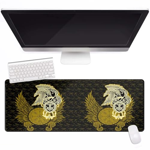 Vikings Nordiques 100x50cm Tapis Clavier Souris Coutures Anti-Effilochage Corbeau d'Odin imprimé en 3D Tapis Bureau Gaming Avec Base en Caoutchouc AntidérapanteAccessoire Bureau