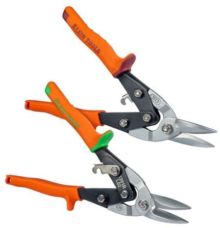 Klein Tools 80198 Aviation Snips Kit, Left and Right Metal Shears Set, 18 Gauge Steel Cutting, Serrated Blades, Self-Open Lock, Professional Tin Snips
