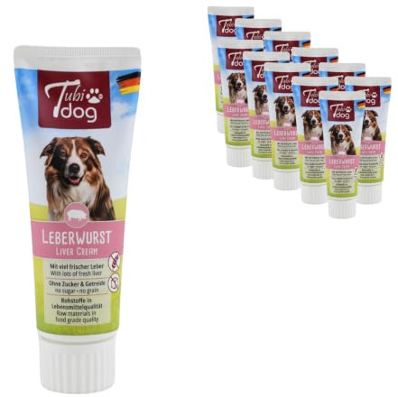 Leberwurst | Paste für Hunde | 12 x 75 g | Ohne Zucker & Getreide | Tubi Dog | Ergänzungsfuttermittel | Für Belohnung, Training, Topping und einfache Tablettengabe | Monoprotein | 12er Pack