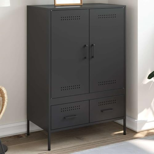 Mimdixy Vintage-Schrank,Highboard Schwarz 68x39x101,5 cm Stahl Wohnzimmermöbel