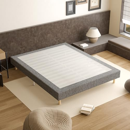 TEENO Sommier 140x190 | Sommier Tapissier en Tissu Gris | Lit Double Confortable avec 9 Pieds | 2x14 Lattes | Lit 140 x 190 avec Sommier | Hauteur du 29 cm | Parfait pour Chambre et Masion
