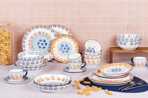 BJORN Geschirrset NAPOLI 28-teilig – Service für 4 Personen aus weißem Porzellan, handbemalt – Teller, Schalen & Tassen – Elegantes Geschirr Set