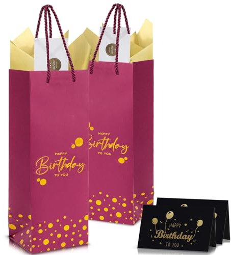 2 Pack Birthday Gift Bags for Bottles, Red Wine Gift Bags with 4Pcs Tissue Paper & 2Pcs “Happy Birthday” Gift Cards, Spirits Tote Bag Bottle Bags for Man Women Birthday Party Supplies