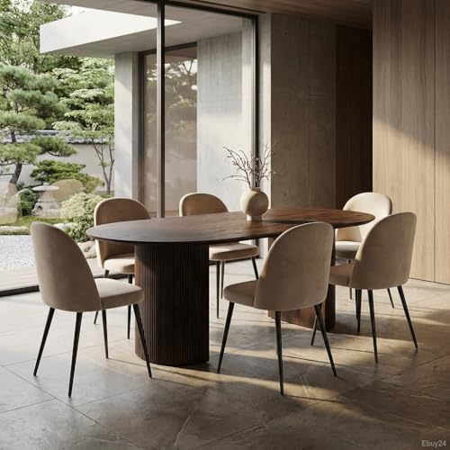 ebuy24 Essgruppe mit 6 Stühlen - Kyoto Skagen 210x100 cm Oberfläche Dunkelbraun Bezug Beige Samt rechteckig Design Wohnküche Esszimmer Sitzgruppe Essplatz Esszimmergruppe 6 Personen