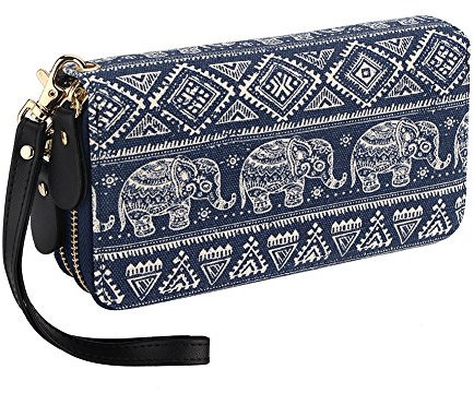 Damen Geldbörse Elefant Lang Portemonnaie Reißverschluss Boho Brieftasche Groß Vintage mit Abnehmbare Handschlaufe und Münzfach Geldtasche (Elefant)