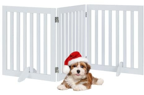 unipaws Freestanding Dog Gate, Foldable Pet Fence, Indoor Wood Barrier, Assembly Free Stair Gate with 2PCS Support Feet (61cm H, 3 Panels, White)
