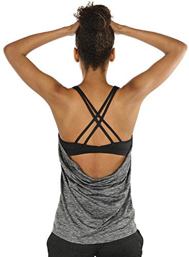 icyzone Damen Sport Yoga Top mit BH - 2 in 1 Fitness Shirt Cross Back Gym Sport Tank Top (L, Charcoal)