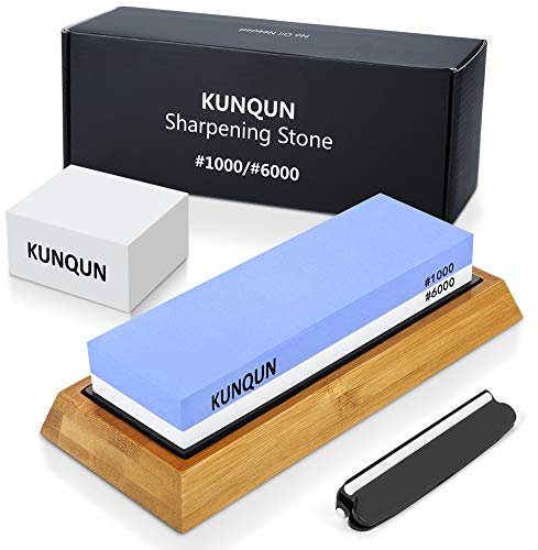 KUNQUN Sharpening Stone 1000 6000 Grits Two Sides Professional Whetstone Knife Sharpener, Premiun Water Whetstone on Non-Slip Silicone Holder & Bamboo Block, Includes Free Grinding Aid & Fix Stone