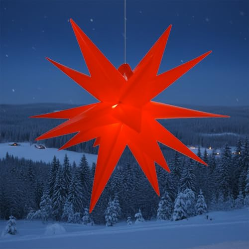 GURU SHOP 3D Batterie Außenstern Kaspar, Weihnachtsstern, Ø 55 cm 4xAA rot | Wetterfest, 18 Spitzen, einfacher Aufbau, inkl. 7 m Kabel, LED Leuchtmittel, ideal für Terrassen, Balkone, Gärten
