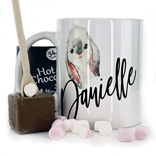 Hairyworm Personalised Mug and Belgian Milk Chocolate/Hot Chocolate Stirrer Marshmallow Gift Set, Custom Name (11oz) White, Yellow, Blue, Black, Pink Mug with Name on Grey Rabbit Print Design