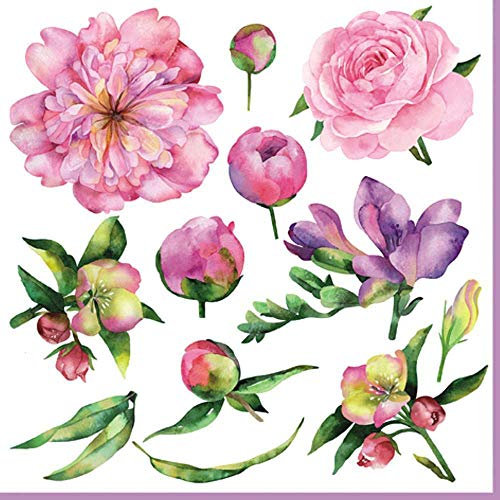 linoows 20 Servietten Frühling Pfingstrosen, Freesien und Obstblüten 33x33 cm