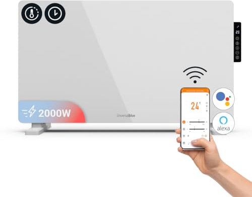 UNIVERSALBLUE | Radiador Eléctrico Bajo Consumo con WiFi 2000W | Color Blanco | Temporizador| Modo ECO | Seguridad Antisobrecalentamiento | Control por App | Termostato Regulable | Soporte Pie