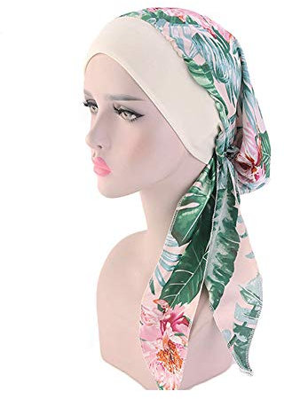JUHONNZ Chemo Turban für Krebs,Chemo-Kappe mit Seidigen Schals Kunstseide Turban Kappe Elastische Kopfbedeckung Chemo Damen Kopfbedeckung für Krebs Frauen Chemotherapie (Green-Leaf)