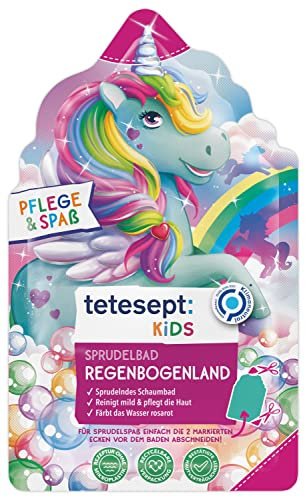 tetesept Kids Sprudelbad Regenbogenland mit fruchtigem Duft - Kinder Badspaß mit sprudelndem Einhorn-Schaum – bunter Badeschaum und farbiges Wasser – 1 x 40 g