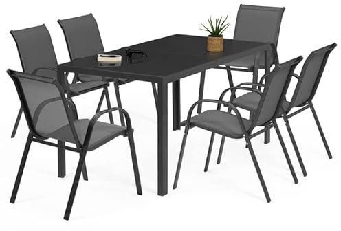 IDMarket Gartenmöbel-Set Madrid 150 cm 6 Stapelstühle anthrazit