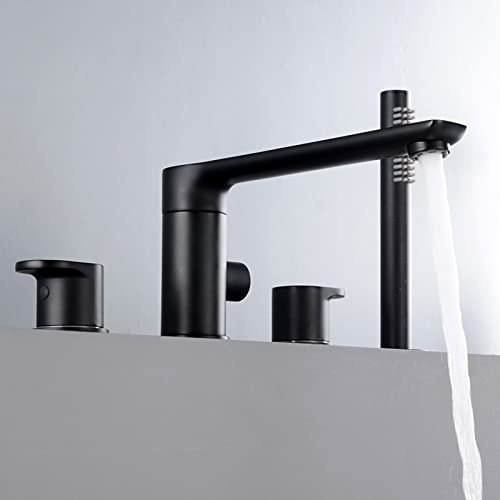 Wannenrand Badewanne Armatur Set 4-Loch Badewannen-Armatur Wannenrandkombination Kupfer Doppelgriff Badezimmer Armatur Set mit Handbrause,Schwarz