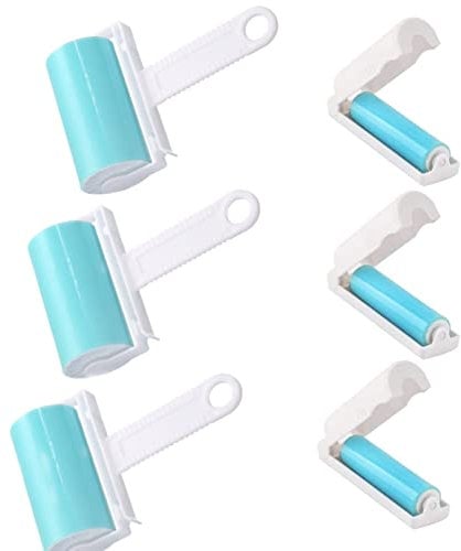 Voarge Set di 6 rulli riutilizzabili per pelucchi e peli di animali, in 2 misure, lavabile, per rimuovere pelucchi, colore blu