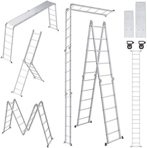 UISEBRT Mehrzweckleiter 4x5 Aluminium mit Plattform 6 in 1 Multifunktionsleiter Leiter 550cm Klappleiter Gelenkleiter Aluleiter Kombileiter Vielzweckleiter bis 150KG, Silber