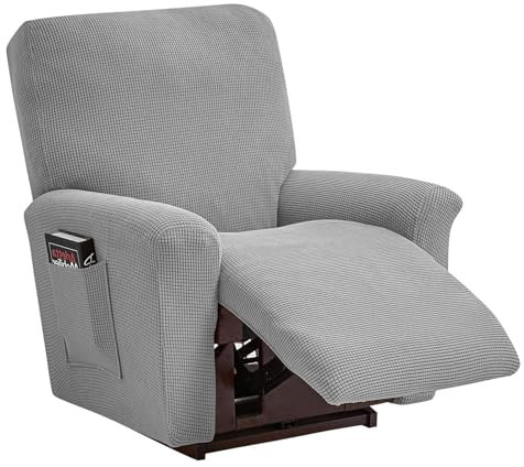TOPCHANCES Sessel überzug Stretch,Sesselschoner mit Taschen Wohnzimmer,Einfarbig Samt Elastisch Sesselbezug Komplett Sesselbezug,Angepasster für Fernsehsessel Bezug(Silbergrau)