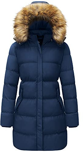 WenVen Piumino Donna Invernale con Ispessito Cappuccio Rimovibile in Pelliccia Blu XL
