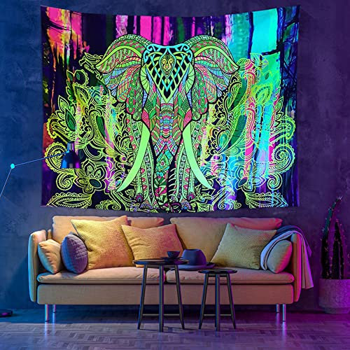 Lsimeru Indisch Elefant Wandteppich Fluoreszierend Elefanten Wandtuch Wandbehang Trippy Leuchtet im Dunkeln Wanddeko Wandtücher für Schlafzimmer Wohnzimmer,150x130