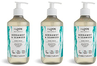 I Love Naturals Bergamot & Seaweed Hand Wash – Gently Cleanses with Orange & Basil Essential Oils – Refreshing, Purifying Vegan Formula with Natural Ingredients – Kind to Skin & Planet 3 x 500ml