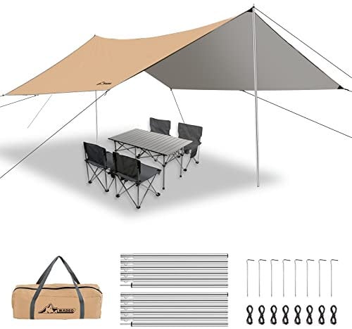 WADEO Camping Zeltplane Wasserdicht 4 x 3 m, Camping Zelt Plane Regenfliege mit Stangen Heringen Zeltspannleinen, Camping Tent Tarp Ultraleicht, Ideal für Camping Picknick im Freien - Khaki
