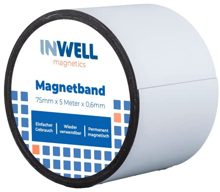 Inwell - Magnetband 75 mm in Farbe weiß auf Rol | 5 meter | NICHT Selbstklebend | Beschreibbare weiße Vinylschicht | Starker Magnetkraft | Magnetstreifen