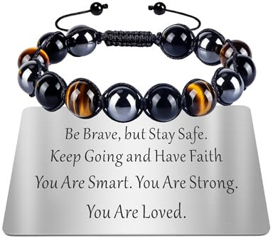 TOLOWOBK Mens Bracelets Gifts for Him Tiger Eye Bracelet Personalised Triple Protection Bead Bracelets for Men Boys, Graduation Fathers Day Birthday Gifts for Dad Son Husband Boyfriend Brother