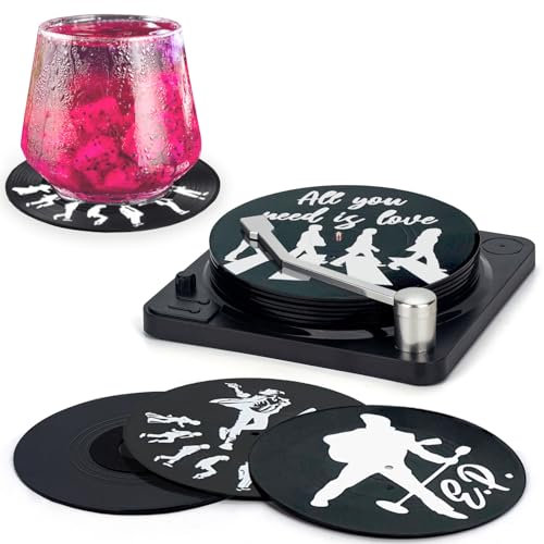 Valdivia Retro Vinyl Schallplatte Untersetzer mit Basis und Legendäre Etiketten, Untersetzer Gläser Getränk Untersetzer 6er Set mit Geschenk Box, für Bars, Cafés, Haus, Party, Büro