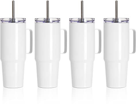 PYD Life Sublimation Tumblers Blanks with Handle 30 OZ White Coffee Mugs Insulated Reusable Travel Cups with Leakproof Lid and Stainless Straw for Tumbler Heat Press 4 Pack