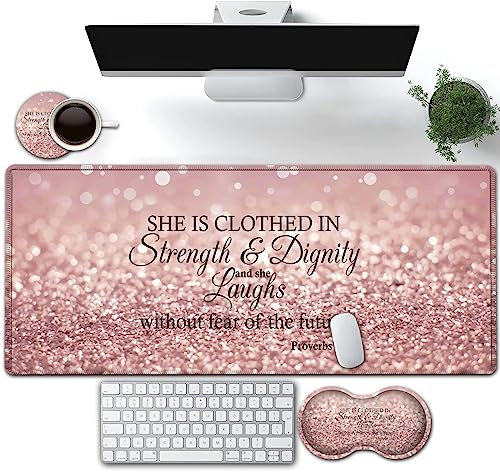 Large Gaming Mouse Pad, Extended Waterproof Desk Pad Protector (31.5 x 11.8) Ergonomics Memory Foam Mouse Wrist Rest Support, for Home Office Laptop, Proverbs 31:25 Bible Verse XXL Pink Mouse Mat