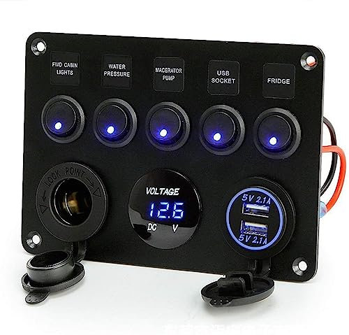 TOHUBE 12V/24V 4.2A Schalter Panel IP65 Wasserdichte Dual-USB-Ladegerät LED Voltmeter Zigarettenanzünder 5 Kippschalter EIN/AUS für Auto Marine Boot Wohnmobil Fahrzeuge LKW