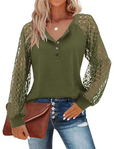 Beluring Ladies T-Shirts Long Sleeve Lace Tops Sexy V Neck Button Blouse, Army Green Size 18 20