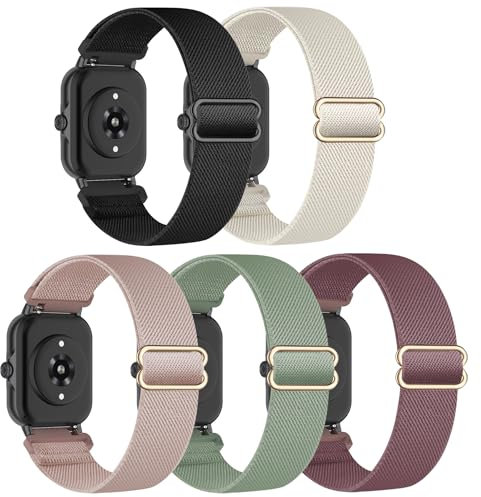EverAct 5 Pack Nylon Straps Compatible with Amazfit GTS 4 mini Bip 3 Pro - Stylish and Breathable 20mm Stretchy Elastic Straps for Women and Men - Easy Replacement Wristbands