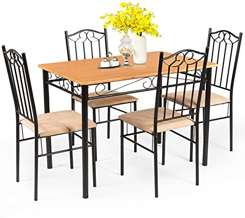 COSTWAY - Conjunto de mesa y 4 sillas, mesa de comedor con 4 sillas acolchadas, marco de metal, para comedor, cocina, restaurante, salón