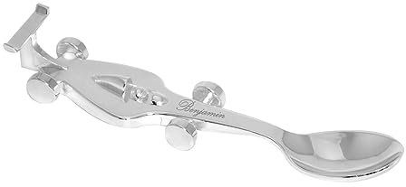 Brillibrum Cuillère design en forme de voiture de course pour enfants - En métal argenté avec gravure - Couverts pour enfants - Argenté - Petite cuillère - Gravure de bébé - Cadeau de baptême (voiture