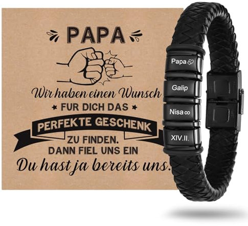 Vatertagsgeschenk Armband Herren mit Gravur Lederarmband Papa - Armband mit Name Personalisiert Armbänder für Herren Männer Schmuck Herren Ideales Papa Geschenk für Vater DAD Geburtstag Hochzeitstag