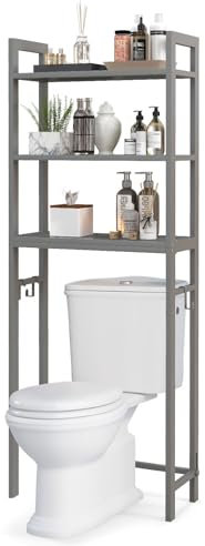 GOPLUS Estantería para inodoro, estantería para lavadora con 3 estantes y 3 ganchos extraíbles, estantería de baño para inodoro, cuarto de baño y lavandería, 63 x 26,5 x 170 cm (gris)