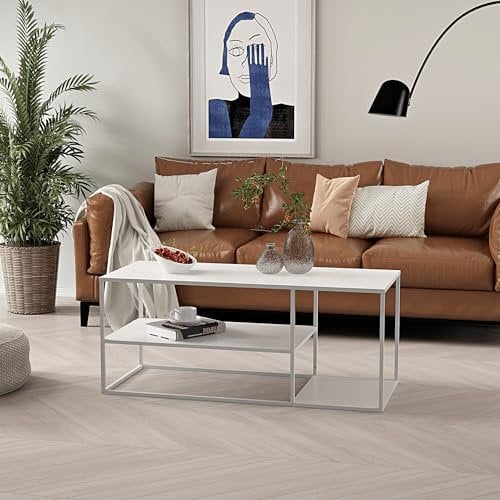 [en.casa] Couchtisch Solund Beistelltisch Metall Weiß matt Wohnzimmertisch mit Stauraum 120 x 50 x 50 cm Sofatisch rechteckig Kaffeetisch